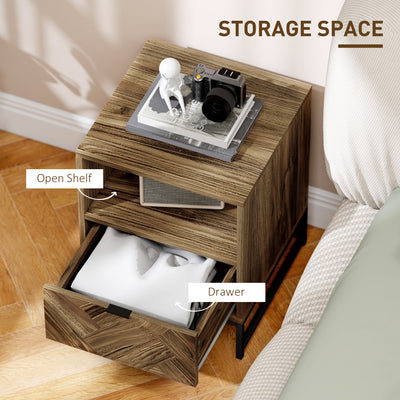 HOMCOM Bedside Table with Drawer and Shelf, Side End Table with Steel Legs for Living Room, Bedroom, Brown Wood Effect 