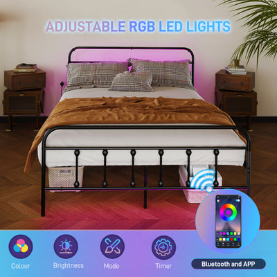 HOMCOM King Bed Frame with LED Lights and Charging Station, Metal Platform Bed Frame with Under Bed Storage, Black 