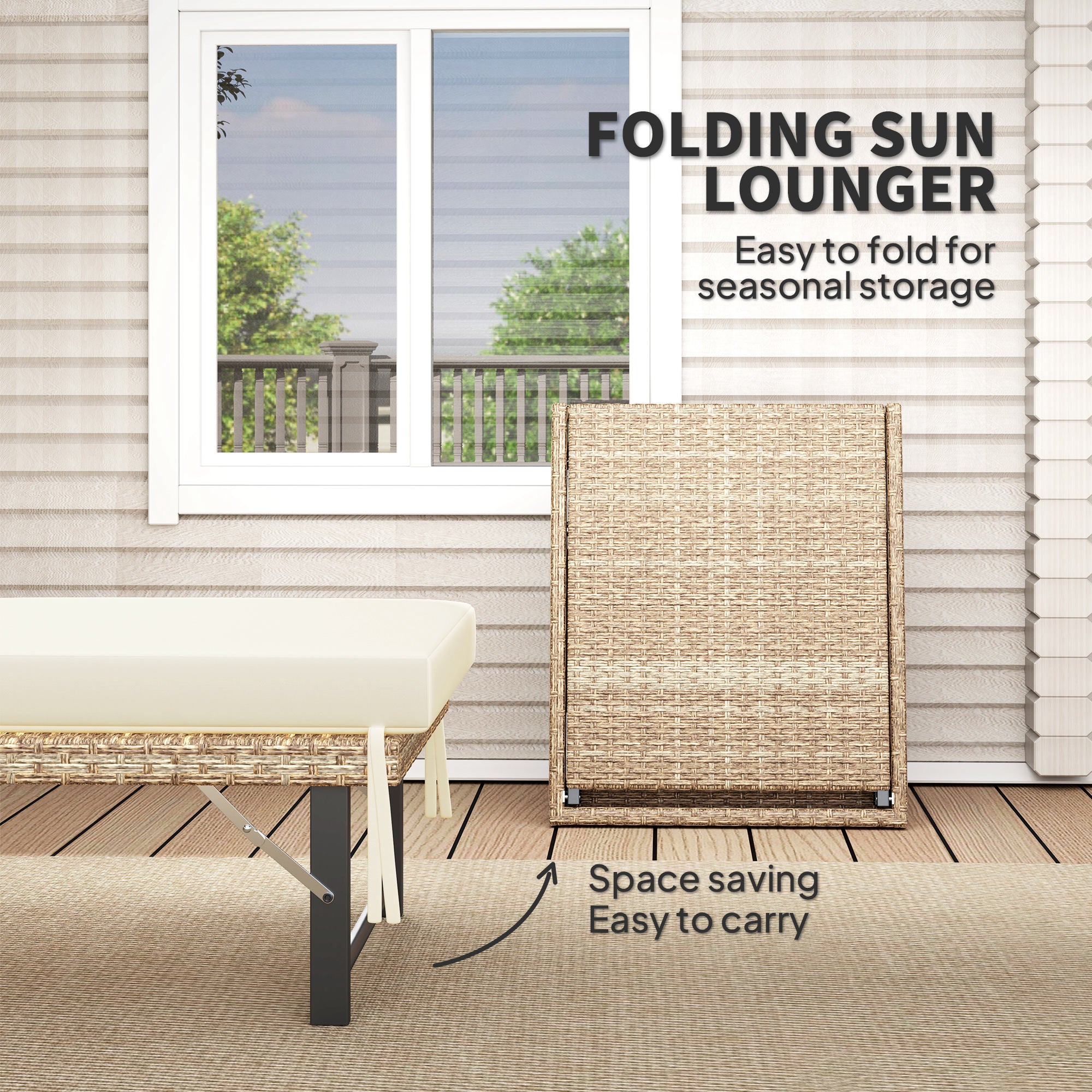 Outsunny Single Folding Rattan Sun Lounger, with Cushion - Grey 