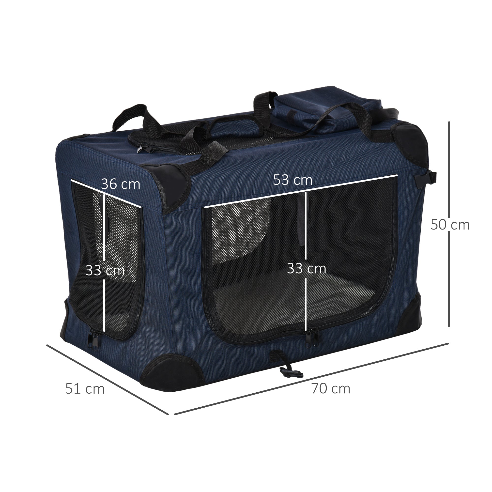 PawHut Foldable Pet Carrier for Small and Miniature Dogs, Portable Cat Carrier Soft Side Pet Travel Crate with Removable Mat, Storage Bags, Breathable Mesh 70 x 51 x 50cm - Dark Blue 
