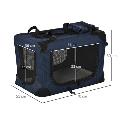 PawHut Foldable Pet Carrier for Small and Miniature Dogs, Portable Cat Carrier Soft Side Pet Travel Crate with Removable Mat, Storage Bags, Breathable Mesh 70 x 51 x 50cm - Dark Blue 