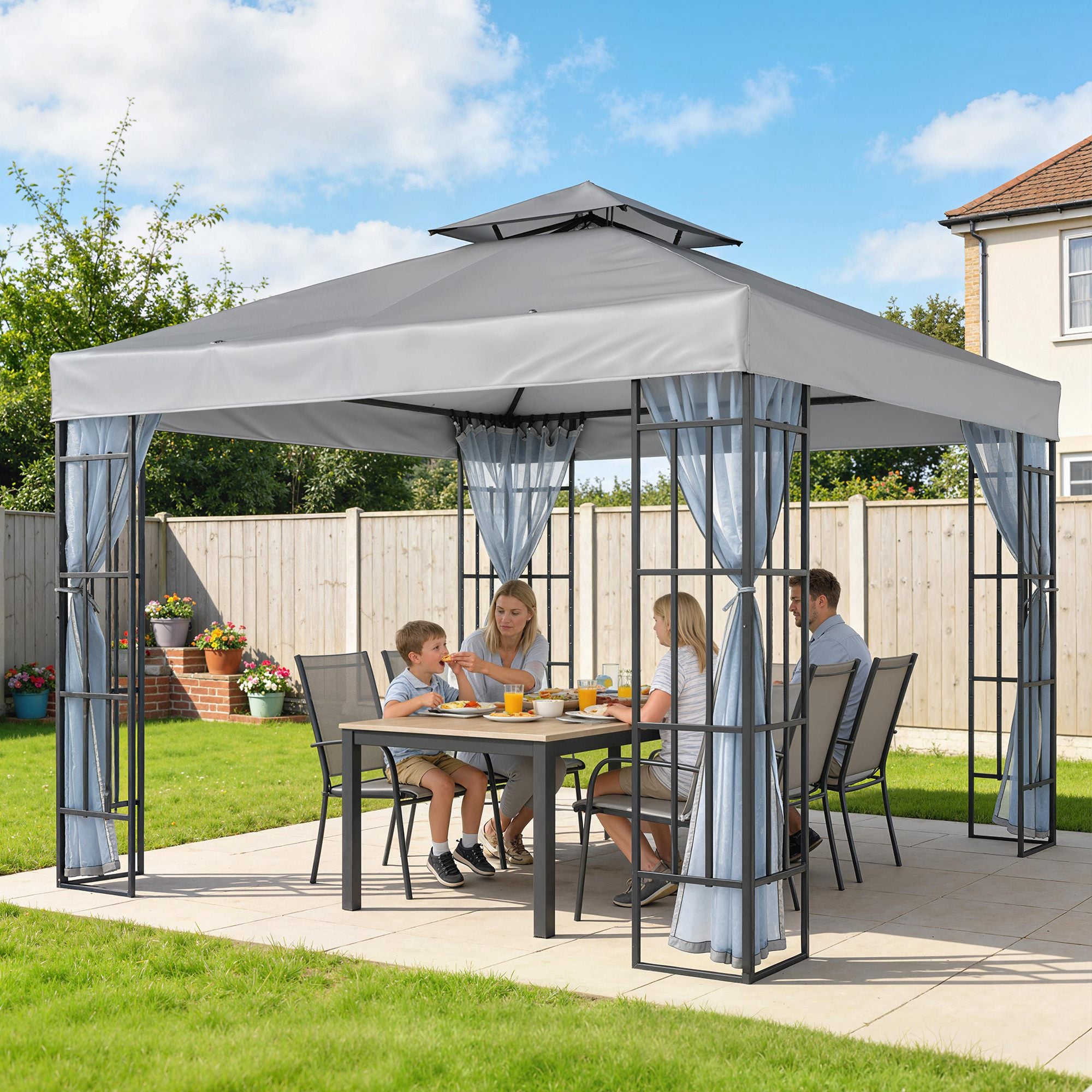 Outsunny 3 x 3(m) Patio Gazebo Canopy Garden Pavilion Tent Shelter with 2 Tier Roof and Mosquito Netting, Light Grey 