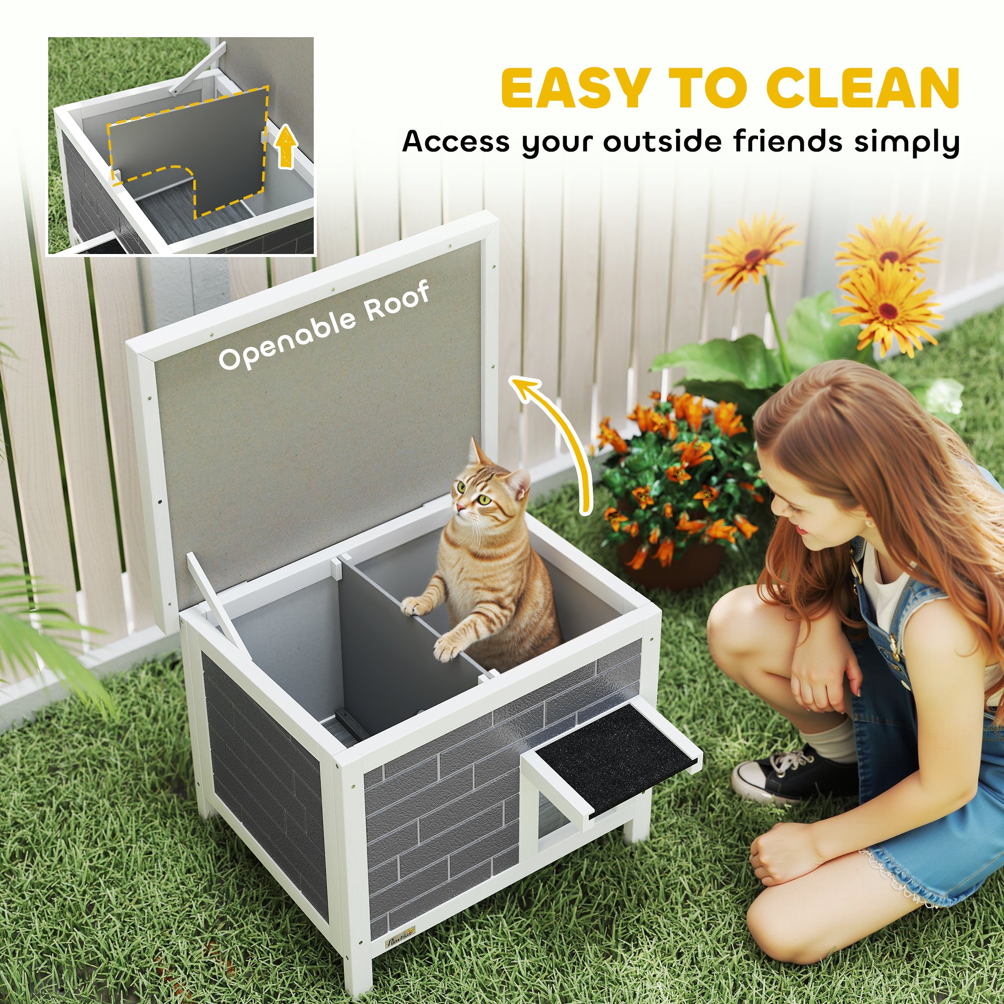 PawHut Outdoor Cat House Insulated with Openable Roof, Weatherproof Feral Cat Shelter for Rabbits, Cats, Grey 