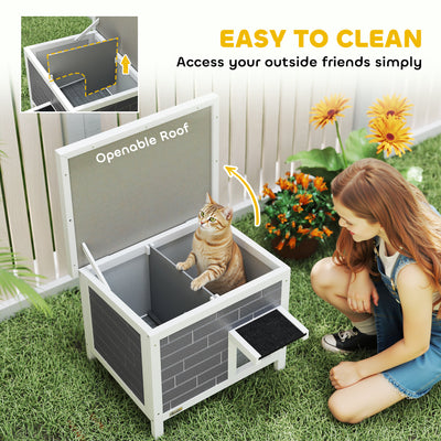 PawHut Outdoor Cat House Insulated with Openable Roof, Weatherproof Feral Cat Shelter for Rabbits, Cats, Grey 