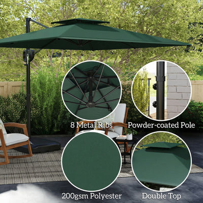 Outsunny Cantilever Parasol with Weighted Base Double Top Garden Parasol Square Hanging Patio Umbrella with Crank Tilt Dark Green 