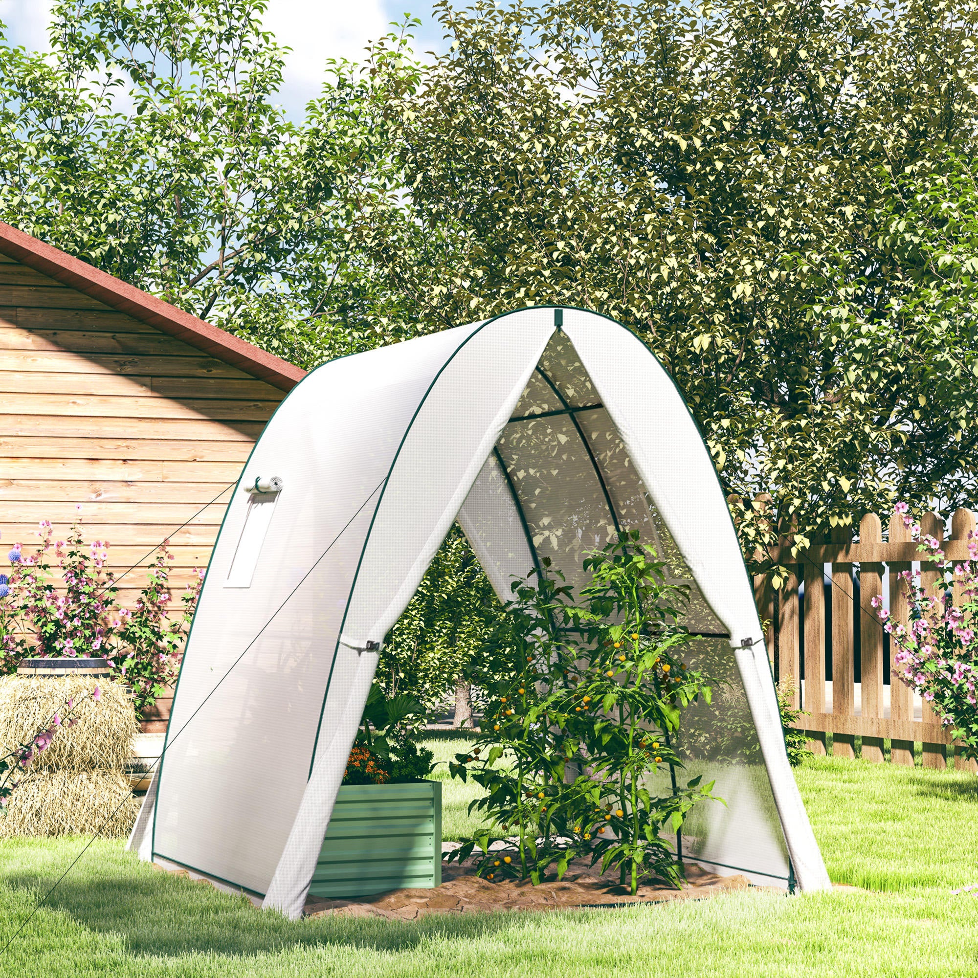 Outsunny Polytunnel Greenhouse with Sandbags, Walk-In Tunnel Green House with 2 Doors and Screen Windows, 1.8 x 1.8 x 2m, White 