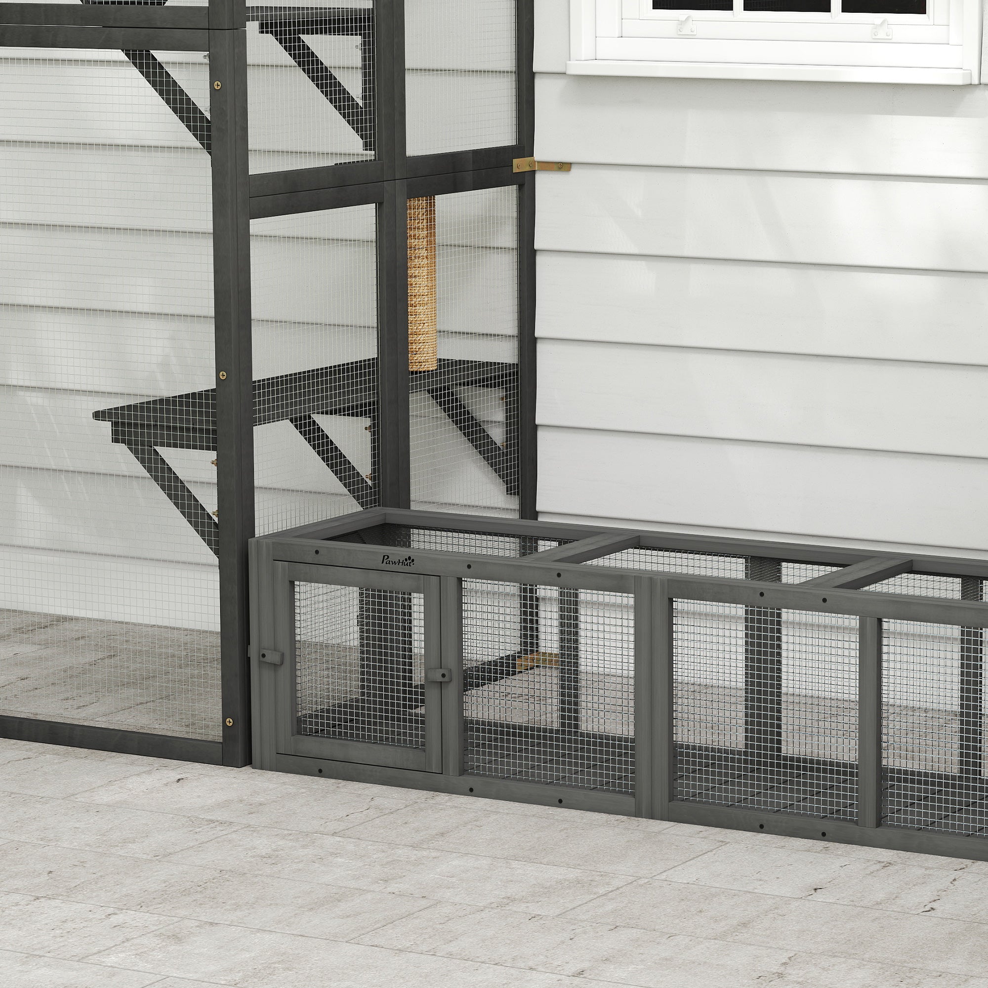 PawHut Outdoor Cat Tunnel, Wooden Play Cat Enclosure, Extendable Pet Run with 3 Doors, for Indoor and Outdoor Use, Grey 