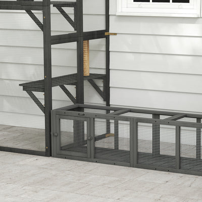PawHut Outdoor Cat Tunnel, Wooden Play Cat Enclosure, Extendable Pet Run with 3 Doors, for Indoor and Outdoor Use, Grey 