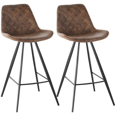 HOMCOM Set Of 2 Bar Stools Vintage Microfiber Cloth Tub Seats Padded Comfortable Steel Frame Footrest Quilted Home Bar Cafe Kitchen Chair Stylish Brown 