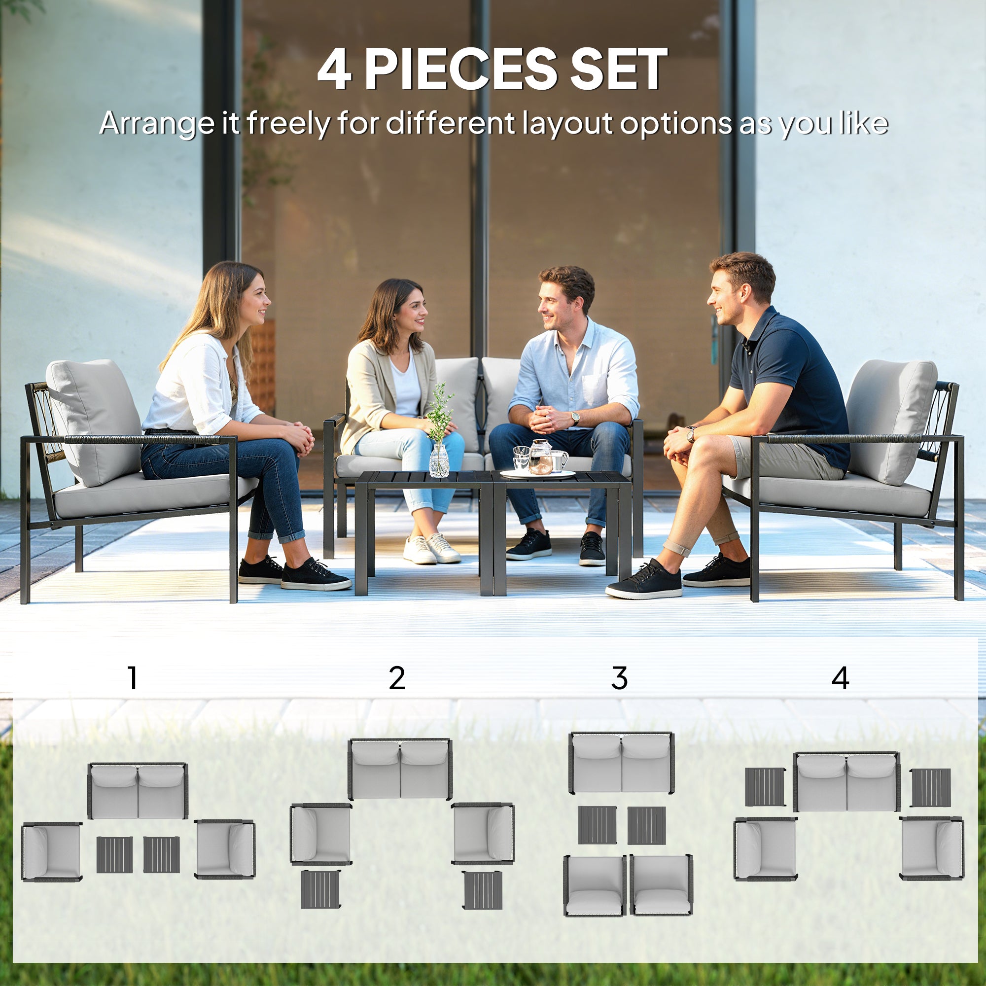 Outsunny 5 Piece Metal Garden Furniture Sofa Set with Thickened Cushions, Loveseat, 2 Armchairs, 2 Coffee Tables, Light Grey 