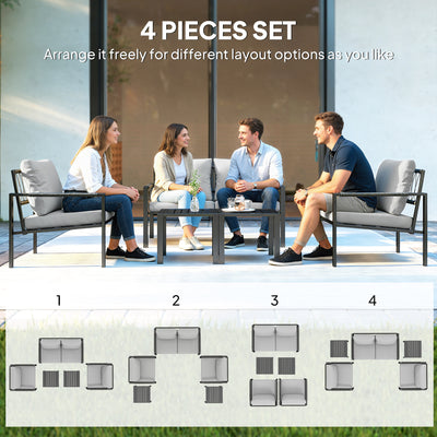 Outsunny 5 Piece Metal Garden Furniture Sofa Set with Thickened Cushions, Loveseat, 2 Armchairs, 2 Coffee Tables, Light Grey 