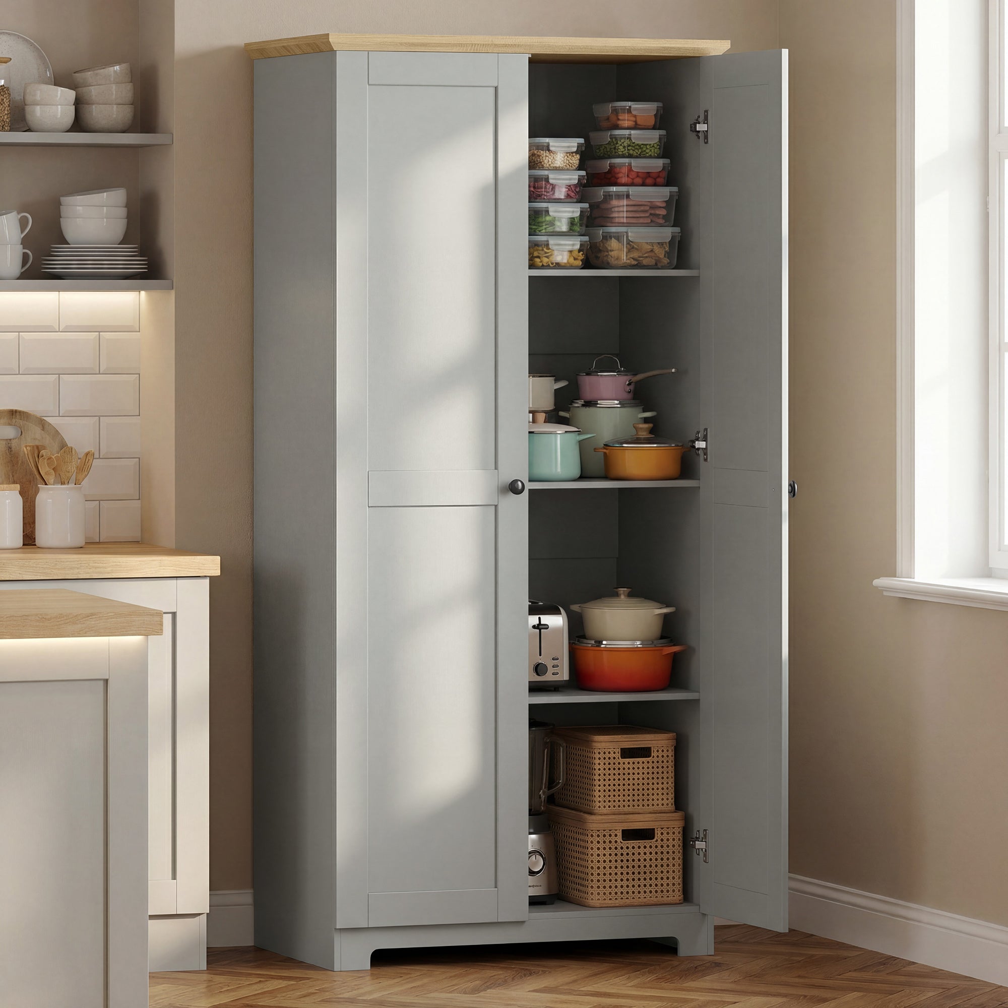 HOMCOM Kitchen Cupboard, 172cm Freestanding Storage Cabinet with Doors and Shelves, Grey 