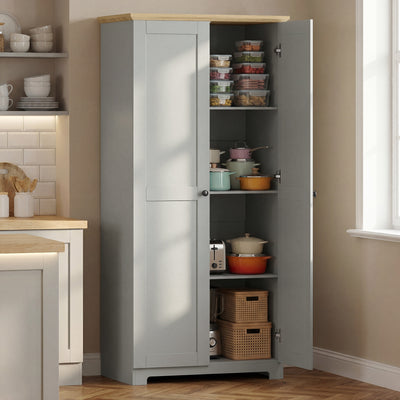 HOMCOM Kitchen Cupboard, 172cm Freestanding Storage Cabinet with Doors and Shelves, Grey 