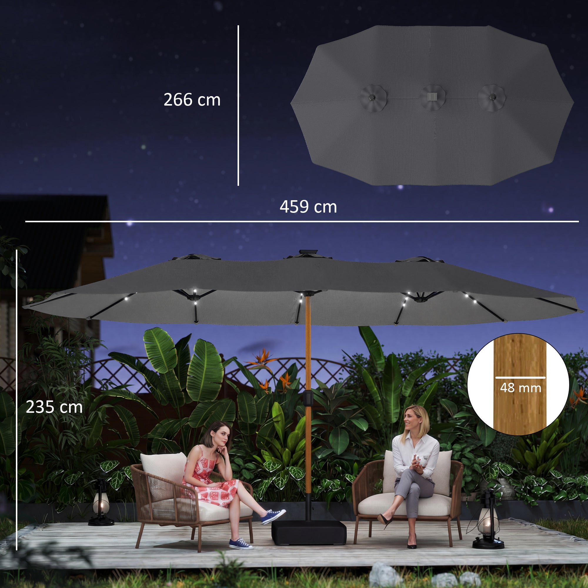 Outsunny Double Sided Garden Parasol with Base Included & 48 Solar LED Lights Patio Umbrella Crank Handle 4.6m Light Grey 