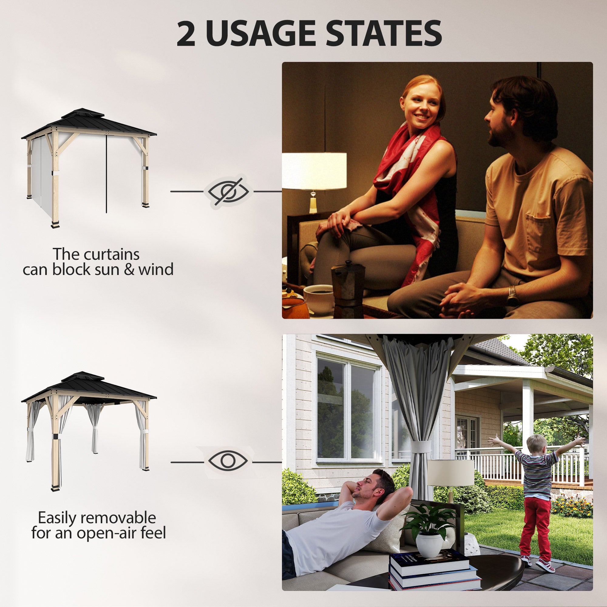 Outsunny 3 x 3 m Outdoor Hardtop Gazebo Canopy with 2-Tier Steel Roof, Wood Garden Gazebo with Curtains, Light Grey 