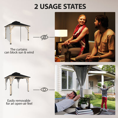 Outsunny 3 x 3 m Outdoor Hardtop Gazebo Canopy with 2-Tier Steel Roof, Wood Garden Gazebo with Curtains, Light Grey 