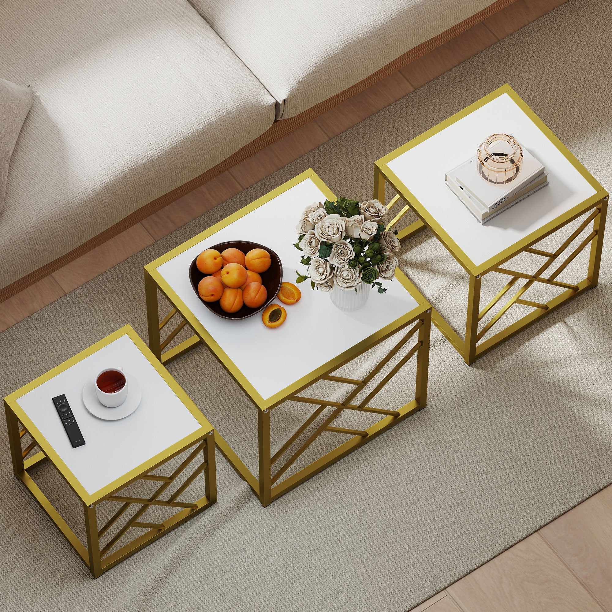 HOMCOM Nesting Coffee Tables, Set of 3 Square Side Tables with Black Metal Frame, for Living Room, Bedroom and Office, White 