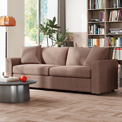 HOMCOM Modern 3 Seater Sofa with Spring Cushion, 212 cm Fabric Jumbo Cord Sofa Couch with 2 Scatter Cushions, Upholstered Corduroy Settee for Living Room, Bedroom, Home Office, Coffee 