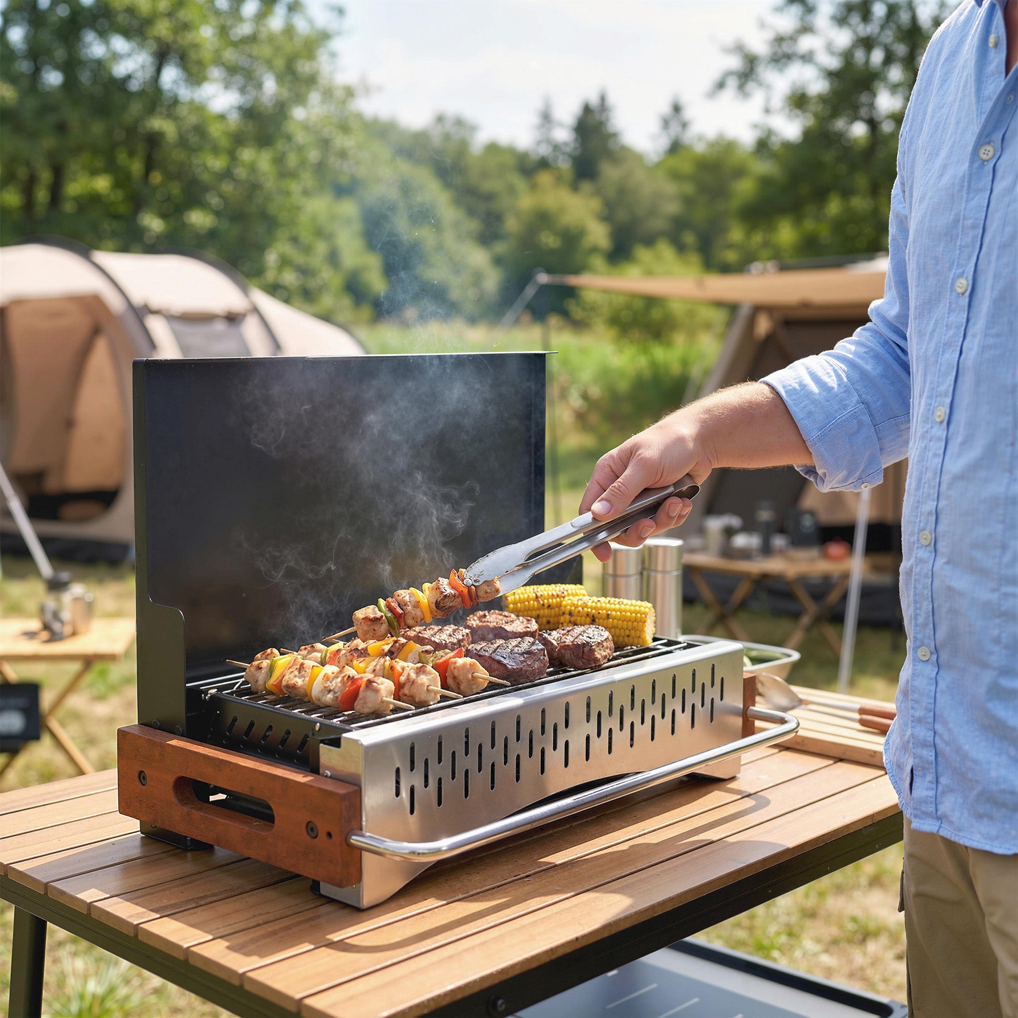 Outsunny Portable BBQ Grill, Folding Charcoal Barbecue Grill with Removable Charcoal Basin for Camping Picnic Garden Party, Black 
