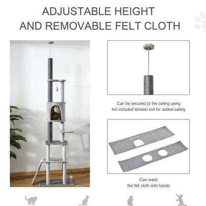 PawHut 255cm Floor To Ceiling Cat Tree for Indoor Cats Climber Scratching Post Adjustable Height Play Tower Removable Cover Grey 