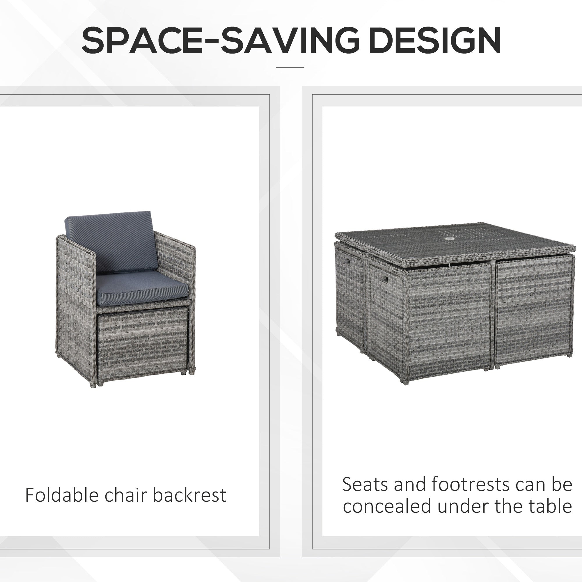 Outsunny 8 Seater Rattan Cube Garden Furniture Set with Parasol Hole, Rattan Dining Set with Cushions, Outdoor Dining Table and Chairs with Square Glass Top Table for Patio, Balcony, Mixed Grey 