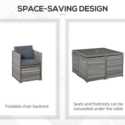 Outsunny 8 Seater Rattan Cube Garden Furniture Set with Parasol Hole, Rattan Dining Set with Cushions, Outdoor Dining Table and Chairs with Square Glass Top Table for Patio, Balcony, Mixed Grey 