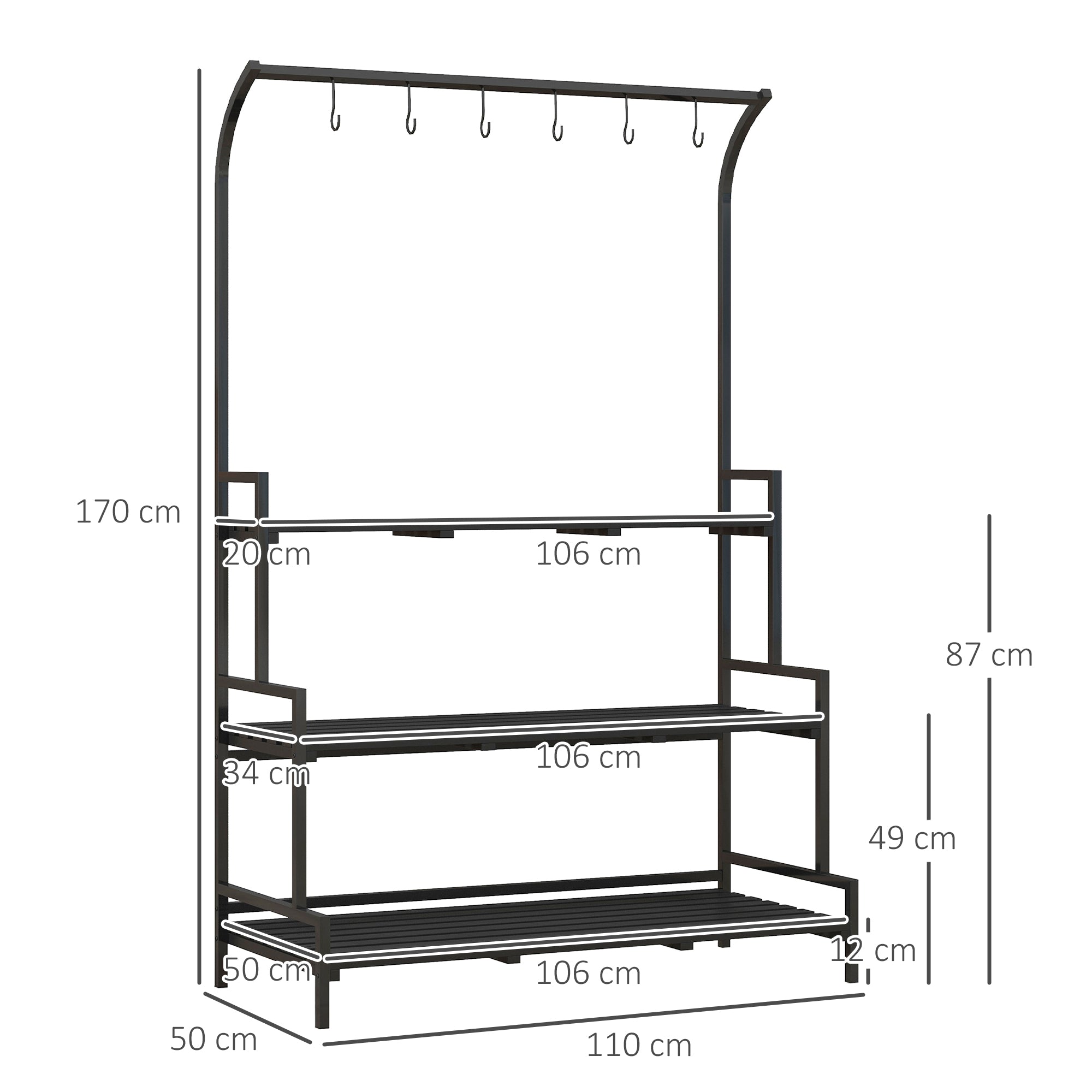 Outsunny 3 Tiered Plant Rack with Hanging Hooks, Tall Plant Stand for Indoor Outdoor Porch Balcony Use, Black 