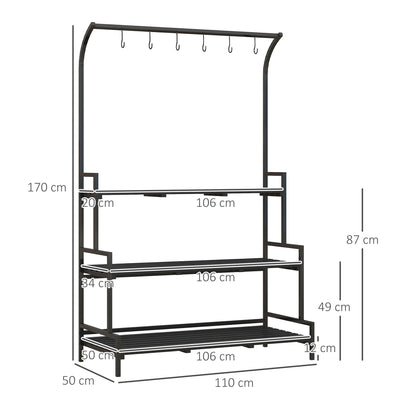 Outsunny 3 Tiered Plant Rack with Hanging Hooks, Tall Plant Stand for Indoor Outdoor Porch Balcony Use, Black 