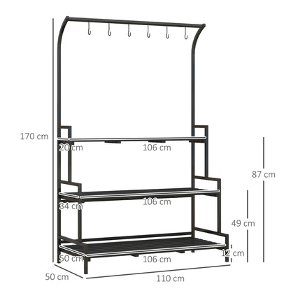 Outsunny 3 Tiered Plant Rack with Hanging Hooks, Tall Plant Stand for Indoor Outdoor Porch Balcony Use, Black 