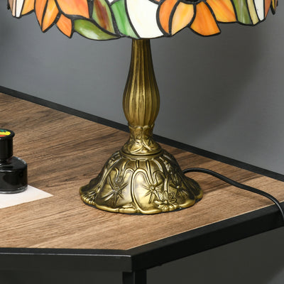 HOMCOM Stained Glass Table Lamp, Handmade Antique Bedside Lamp for Bedroom, Living room, Home, Nightstand, Decorative Night Light, Orange Sunflower 