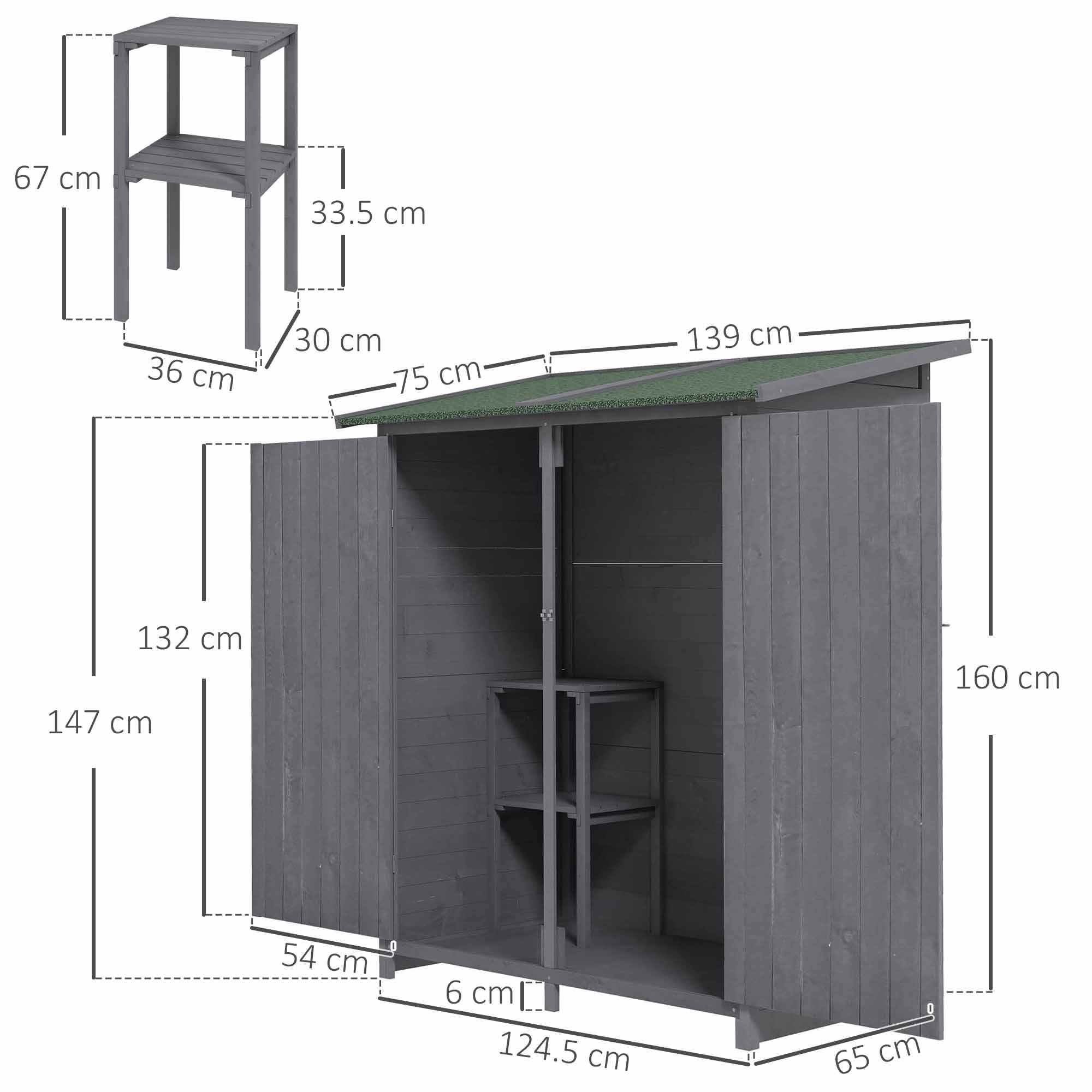 Outsunny 139 x 75 Fir Wood Garden Shed, with Asphalt Roof - Grey 