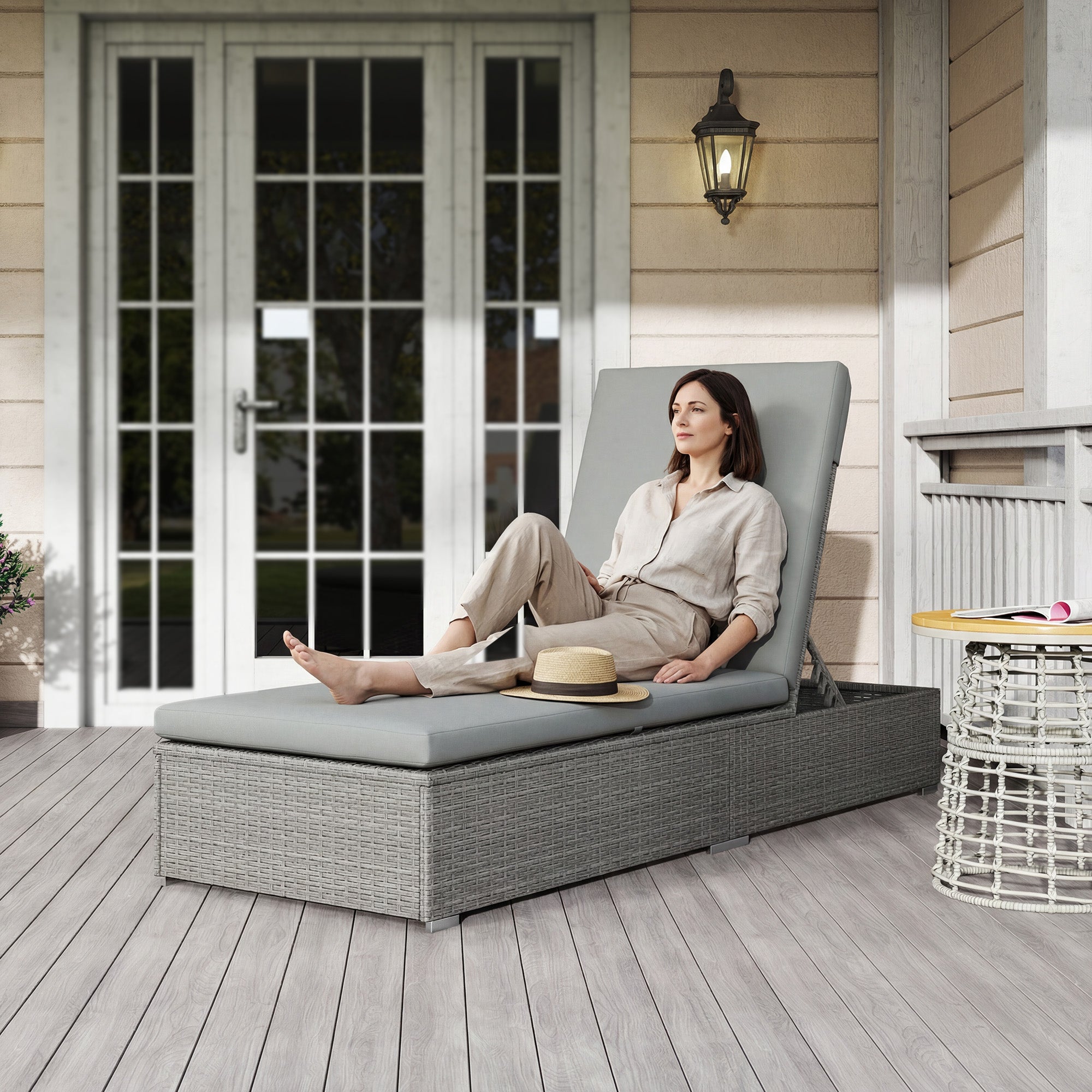 Outsunny Rattan Sun Lounger, Five-Position Reclining Garden Lounger Bed with Cushion, Light Grey 