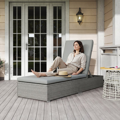 Outsunny Rattan Sun Lounger, Five-Position Reclining Garden Lounger Bed with Cushion, Light Grey 