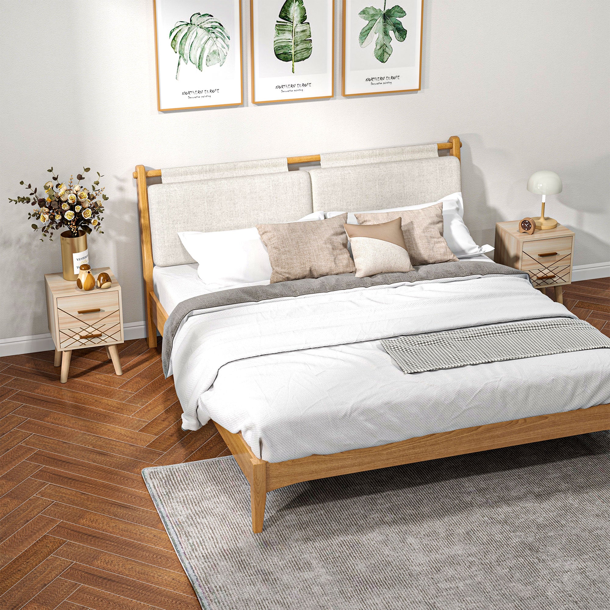 HOMCOM 2-Piece Scandinavian Bedside Tables with Drawers, Bedside Cabinets with Wood Legs, Natural 
