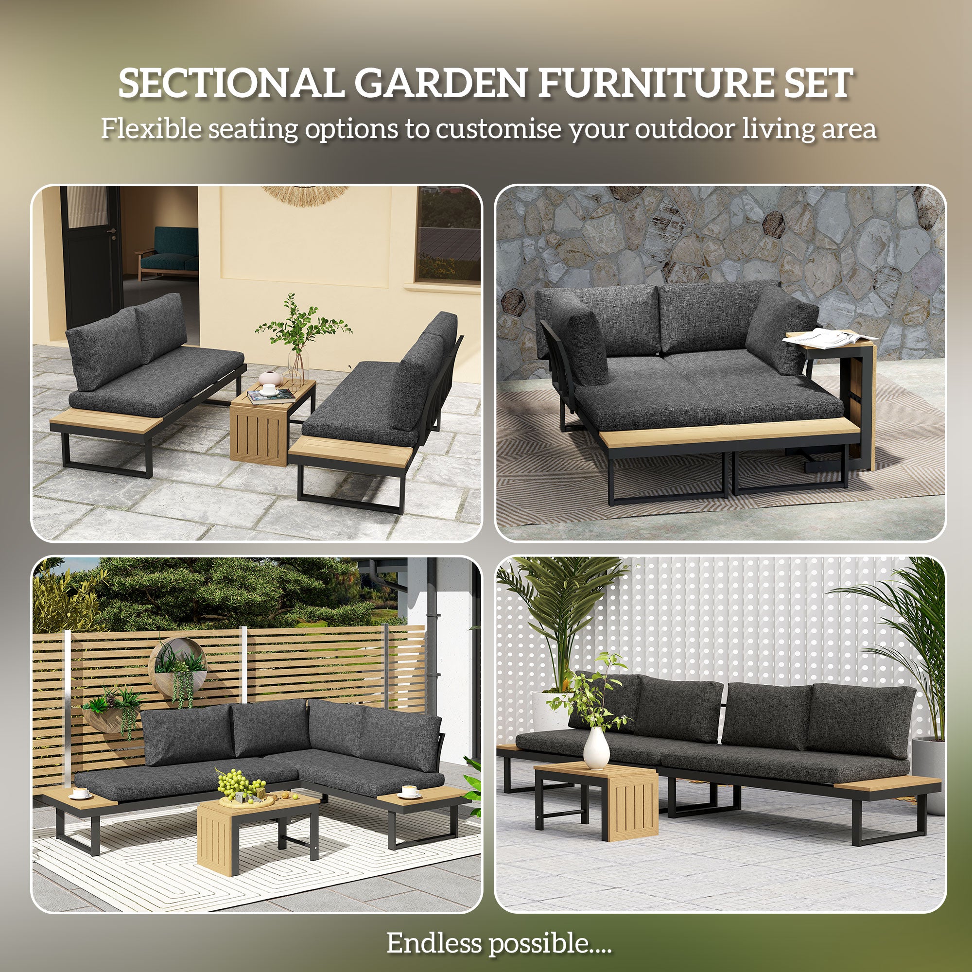 Outsunny 4 Seater L Shaped Aluminium Sectional Garden Furniture Set with 2 Loveseats and Wood-Plastic Coffee Table - Natural Wood 