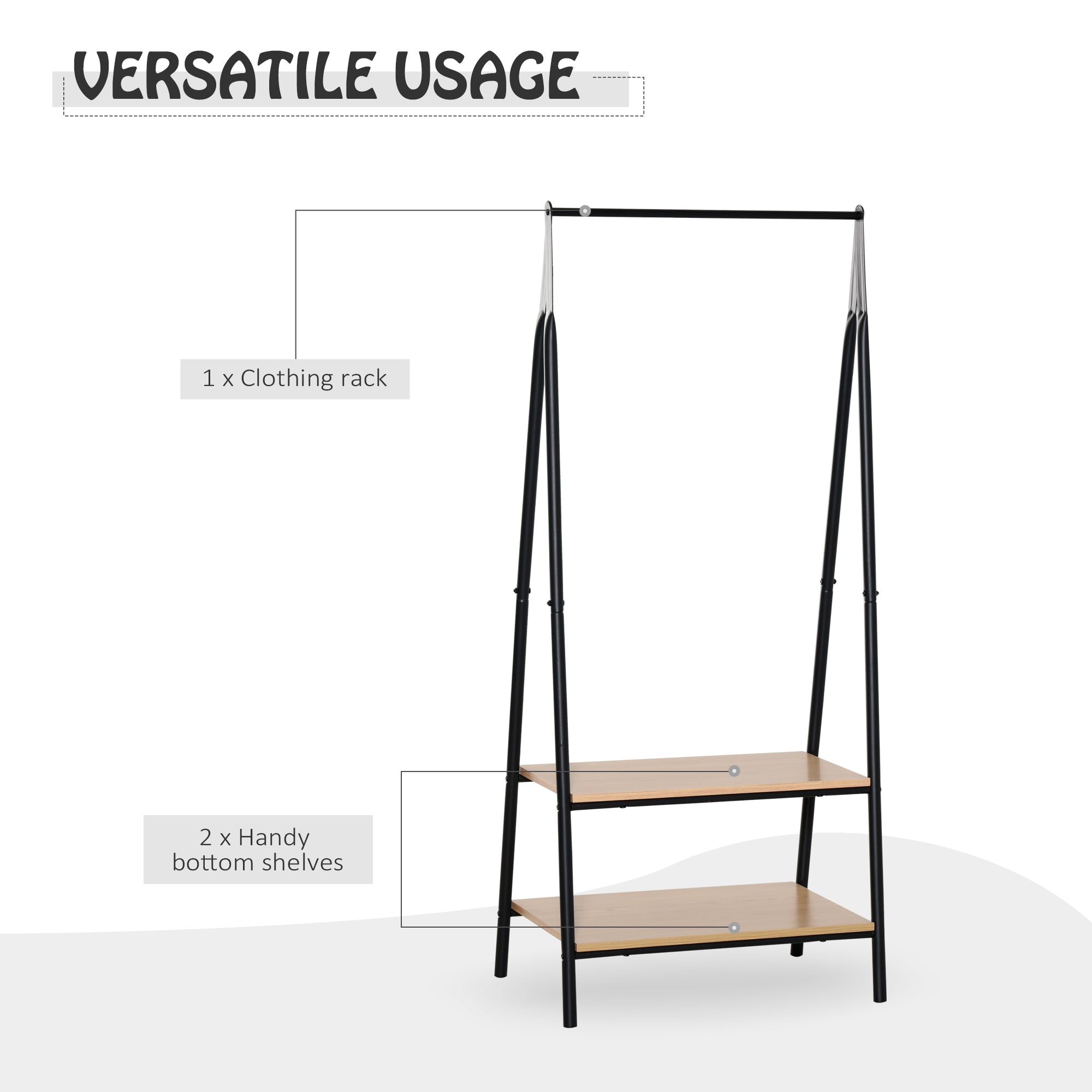 HOMCOM Clothes Rail, Freestanding Metal Clothes Rack with 2 Tier Storage Shelves for Bedroom and Entryway, 64 x 42.5 x 149 cm, Black Frame 