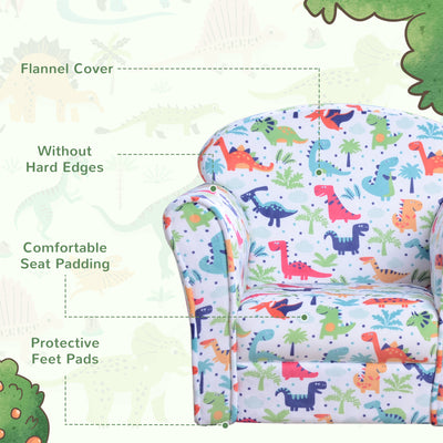 HOMCOM Children Armchair Kids Sofa Tub Chair Seat Cartoon Dinosaur Pattern Bedroom Flannel Wooden Frame Non-slip Playroom Seater 