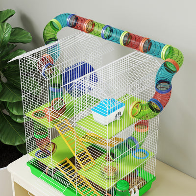 PawHut 5 Tier Hamster Cage Carrier Habitat with Exercise Wheels Tunnel Tube Water Bottle Dishes House Ladder for Dwarf Mice, Green 