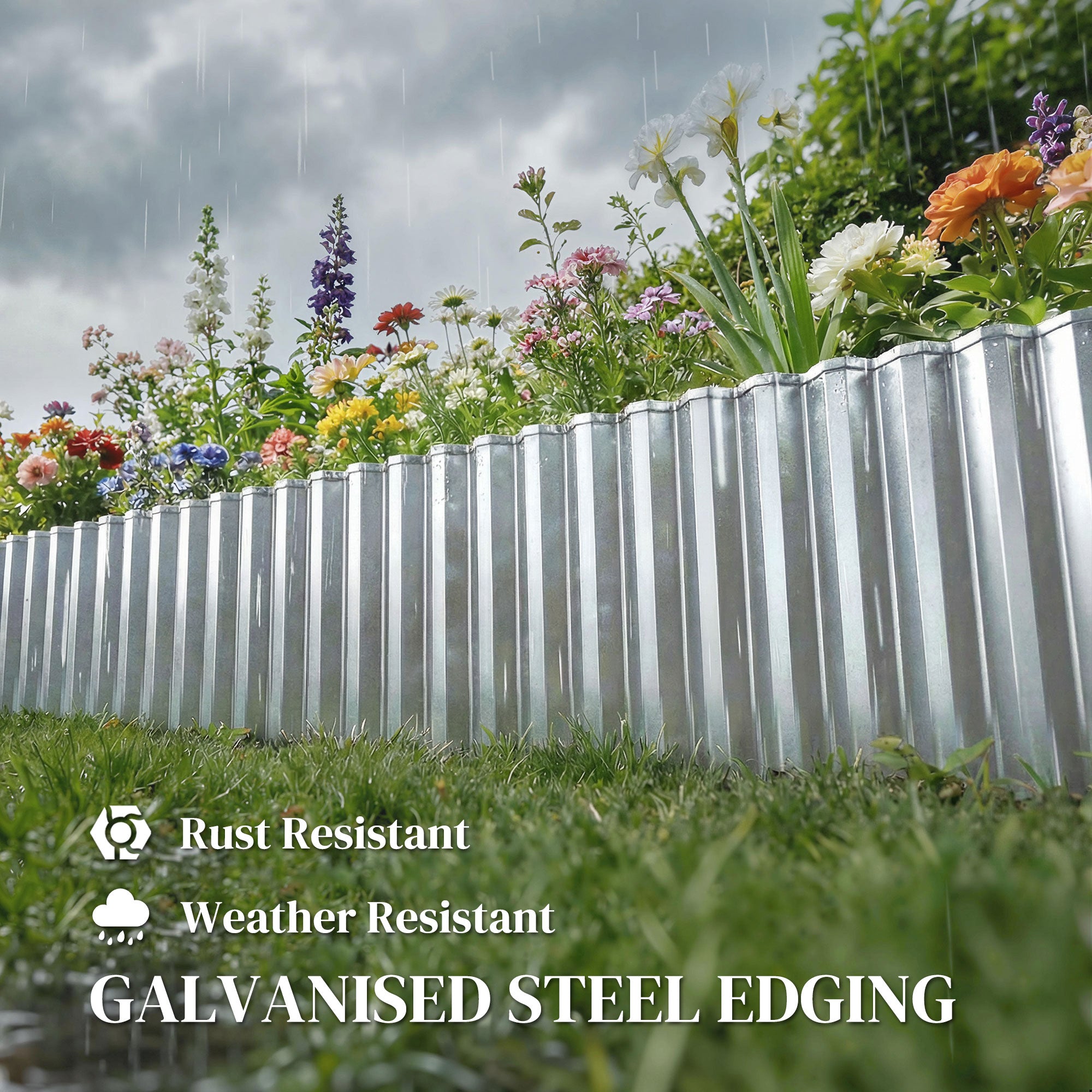 Outsunny Metal Garden Edging Border, 8 in x 21.3 ft Corrugated Heavy Duty Galvanised Steel Lawn Edging, Silver Tone 