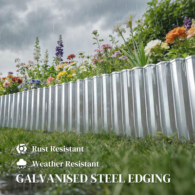 Outsunny Metal Garden Edging Border, 8 in x 21.3 ft Corrugated Heavy Duty Galvanised Steel Lawn Edging, Silver Tone 