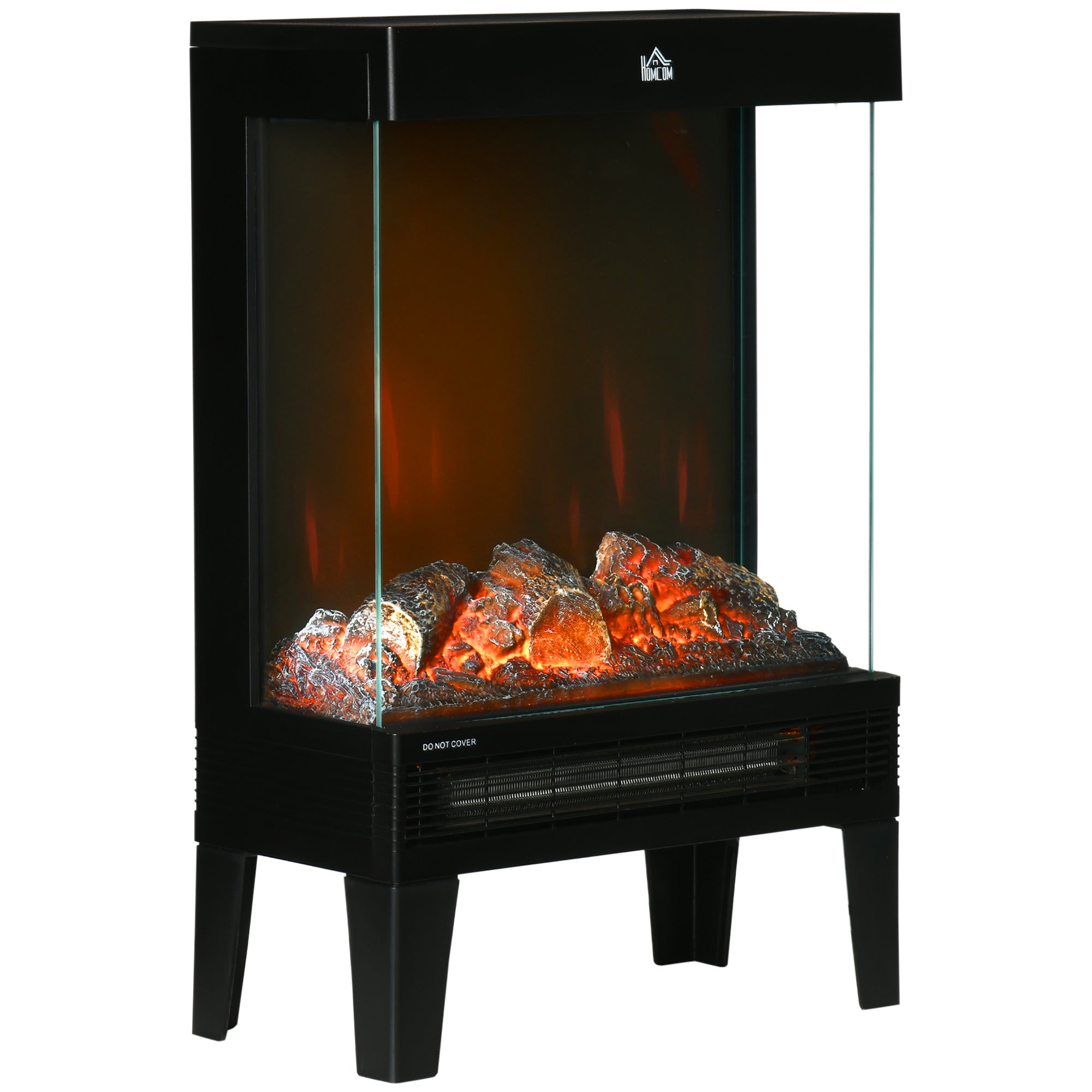 HOMCOM 180\'c2\'b0 Charming Electric Fireplace Heater, Quiet Freestanding Stove with LED Flame Effect, Level-less Temperature Control, Overheating Protection, 1000W/2000W, Black
