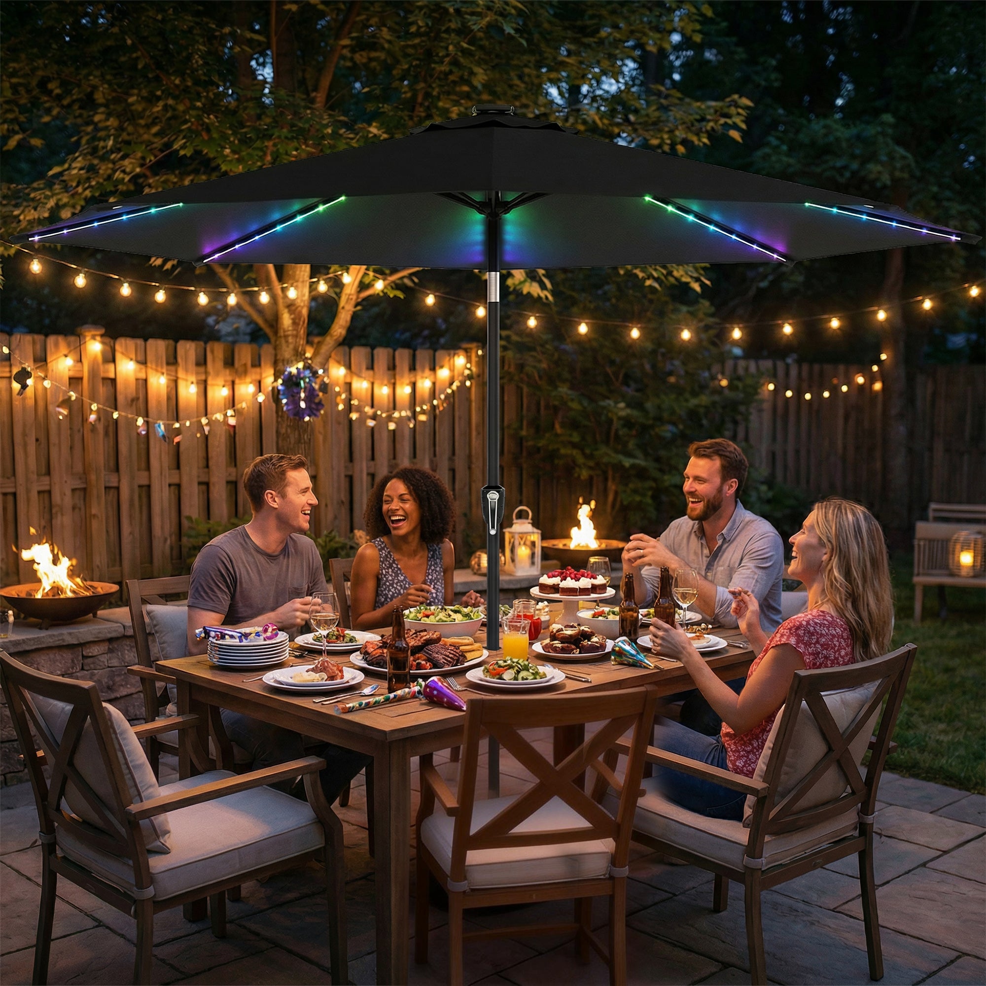Outsunny 3 m Garden Parasol Umbrella with 112 Solar Powered LED Lights, Patio Umbrella with Crank Handle, Black 