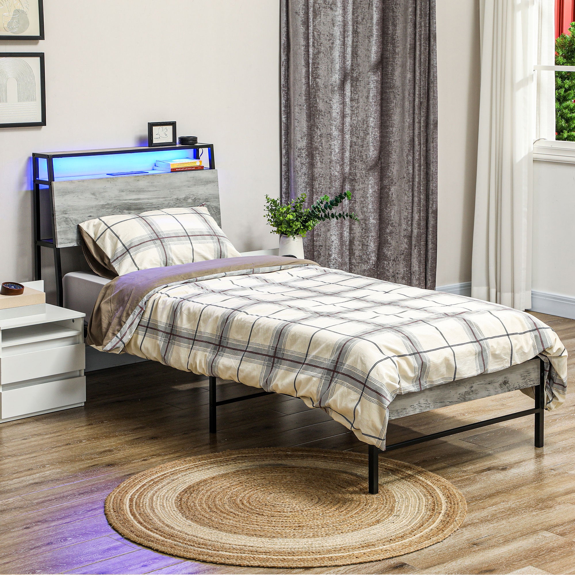 HOMCOM Single Steel Bed Frame, with LED Lights and Headboard Shelf - Grey 