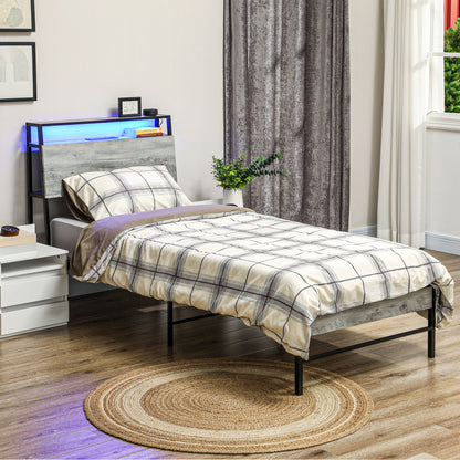 HOMCOM Single Steel Bed Frame, with LED Lights and Headboard Shelf - Grey 