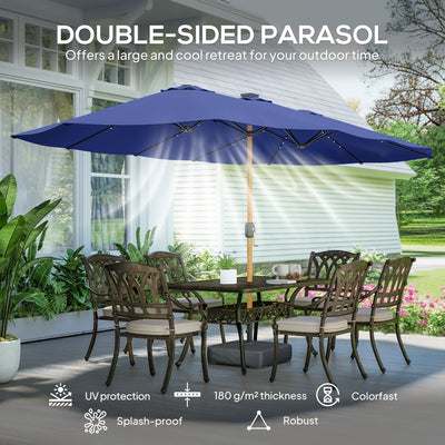 Outsunny Double Sided Garden Parasol with Base Included & 48 Solar LED Lights Patio Umbrella Crank Handle 4.6m Dark Blue 