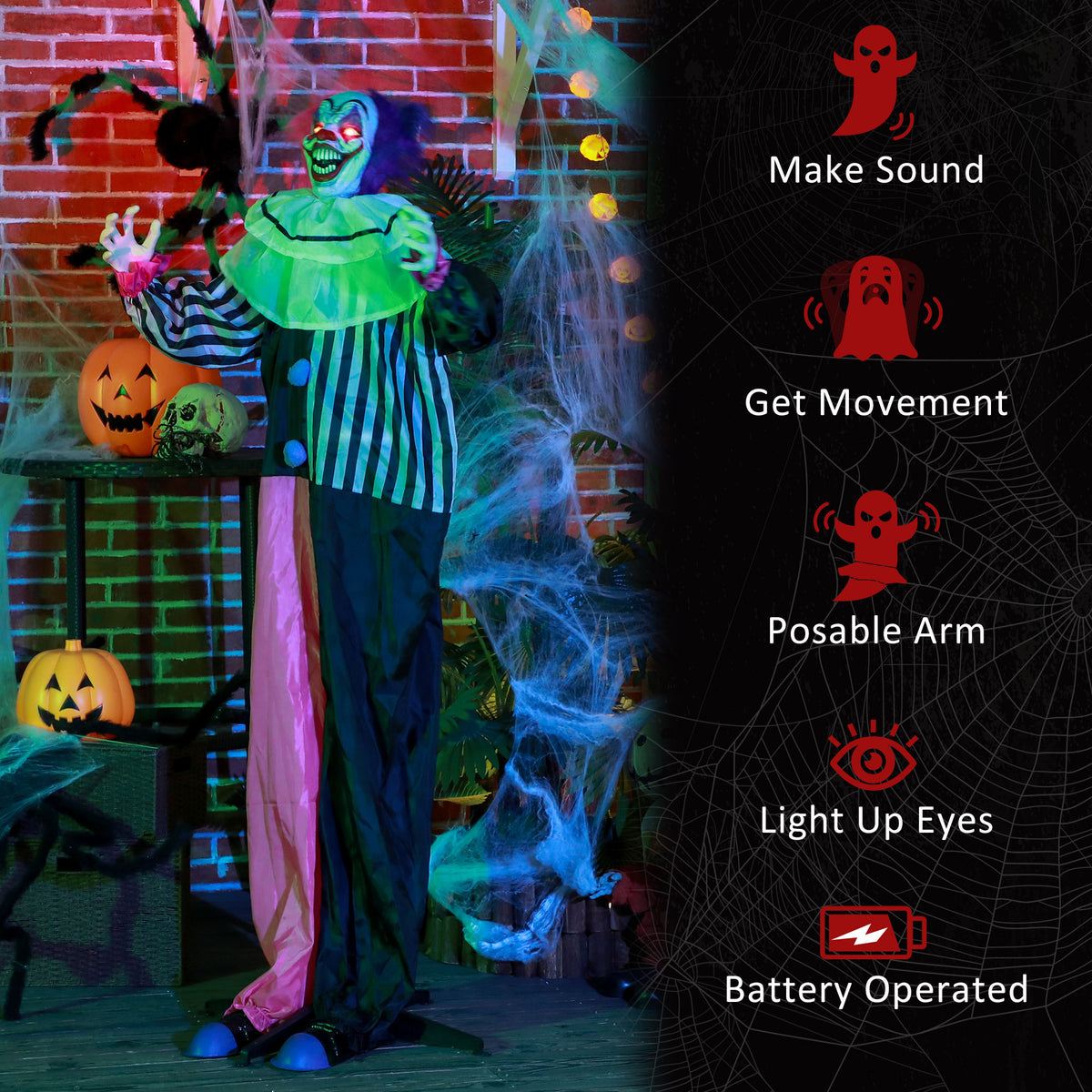 HOMCOM 5'6" Scary Laughing Clown Halloween Animatronic, with Glowing Eyes 