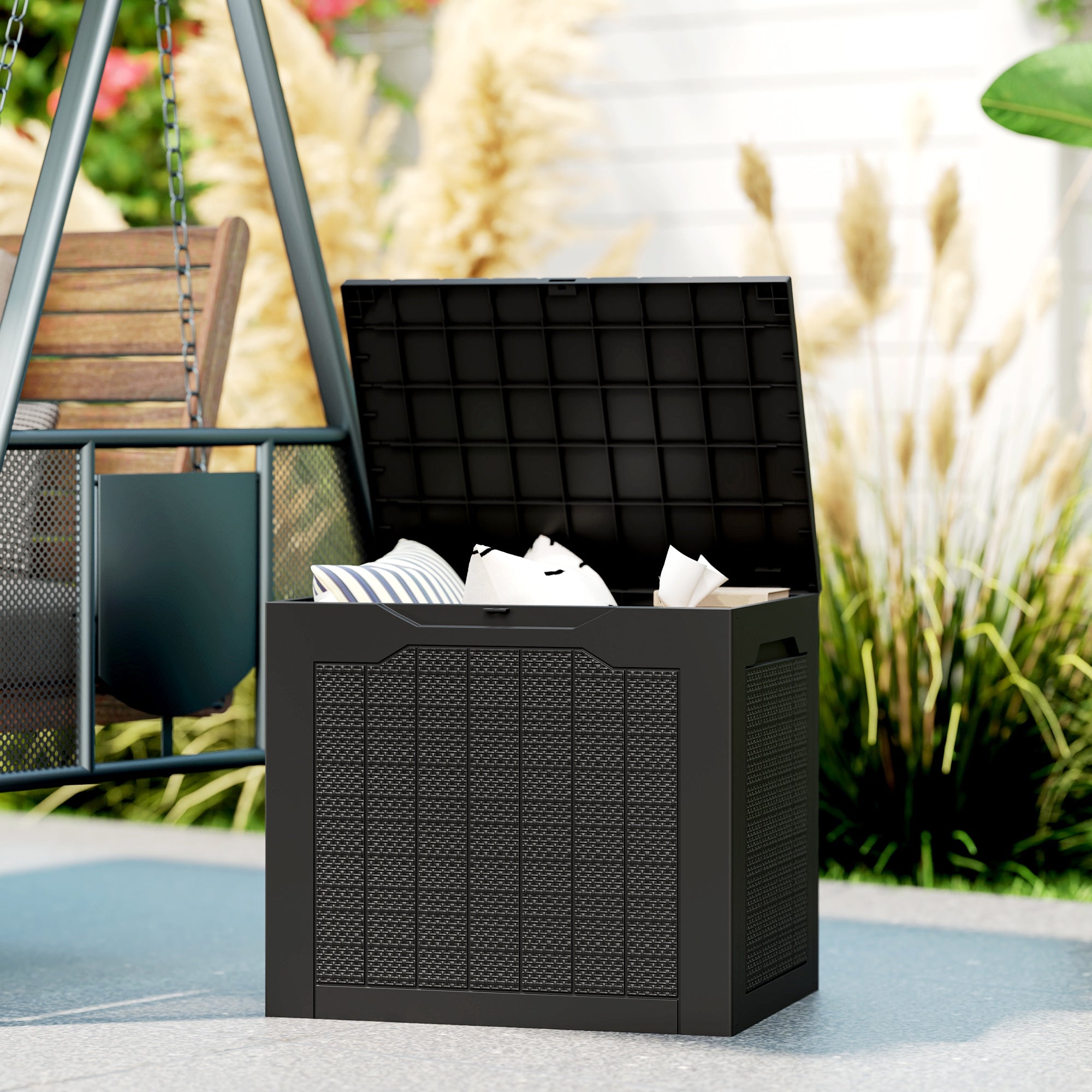 Outsunny 93L Plastic Garden Storage Box, Outdoor Storage Box with Handles, Waterproof Outdoor Storage Container, Black 