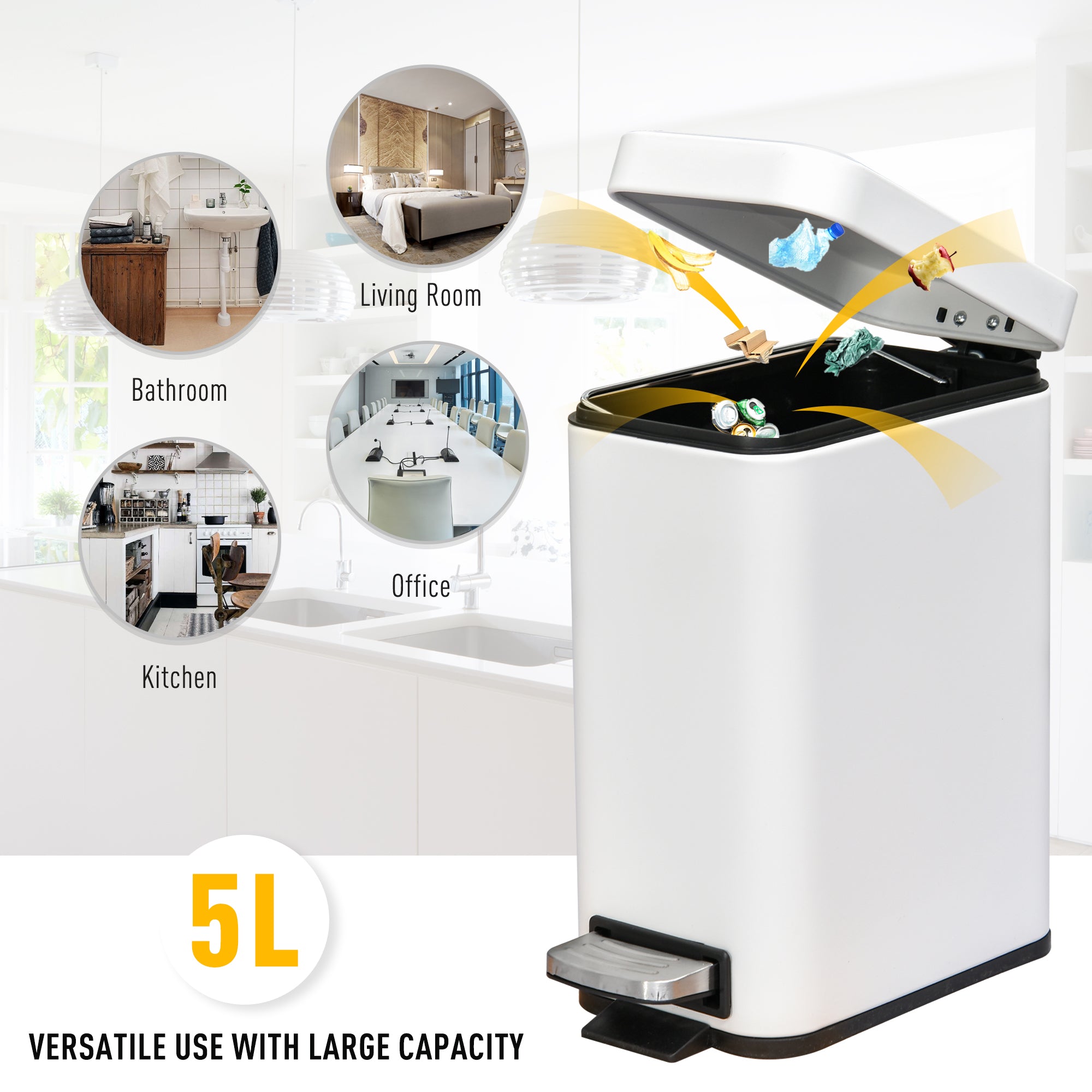 HOMCOM 5L Rectangular Compact Bin Steel Body Removable Bucket Quiet-Close Lid w/ Pedal Lid Rubbish Trash Can Home Office Bedroom Bathroom Living Room Garbage Tidy Clean White 