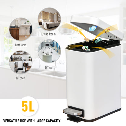 HOMCOM 5L Rectangular Compact Bin Steel Body Removable Bucket Quiet-Close Lid w/ Pedal Lid Rubbish Trash Can Home Office Bedroom Bathroom Living Room Garbage Tidy Clean White 