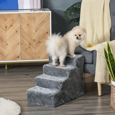 PawHut Four-Step Dog Stairs, with Washable Plush Cover, for High Bed Sofa, Dog Stairs for Small Dog and Cat - Light Grey 